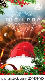 Abstract holiday background with sparkles, Santa Hat and fir branches