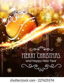Abstract holiday background with sparkles, snowflakes and golden Christmas ball
