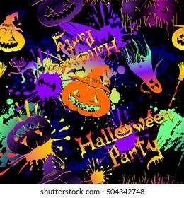 Abstract holiday banner with Happy Halloween Calligraphy background in neon colors with silhouette collection holiday elements pumpkin, hat,bat, broom, Creative modern design for wallpaper