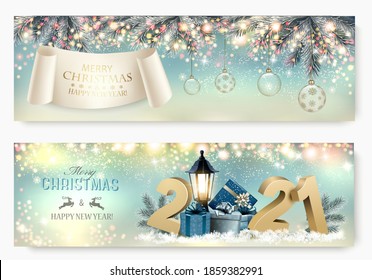 Abstract holiday christmas light banners with 2021 and gift boxes. Vector illustration