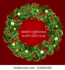 Abstract Holiday New Year and Merry Christmas Background with realistic Christmas wreath. Vector Illustration EPS10