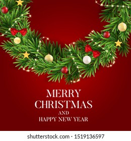 Abstract Holiday New Year and Merry Christmas Background with realistic Christmas wreath. Vector Illustration EPS10