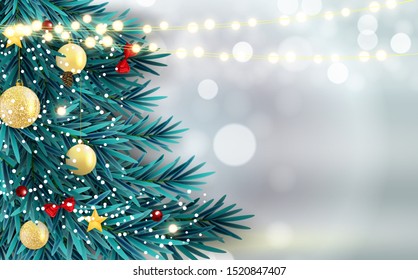 Abstract Holiday New Year and Merry Christmas Background with realistic Christmas tree. Vector Illustration EPS10