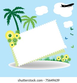 Abstract holiday postcard with palm trees, flowers, butterflies and a plane flying above in the skies