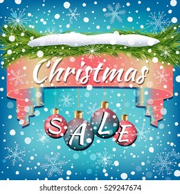 Abstract holiday promotional advertising colorful ribbon decorated with Christmas balls, Xmas tree branches, snow and snowflakes on blue background
