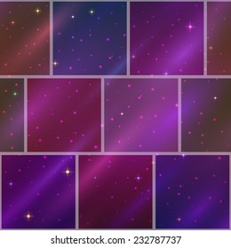 Abstract holiday space seamless background with dark violet sky, stars and color cosmic rays. Pattern for web design, split into separate parts. Eps10, contains transparencies. Vector