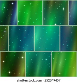 Abstract holiday space seamless background with dark green sky, stars and color cosmic rays. Pattern for web design, split into separate parts. Eps10, contains transparencies. Vector