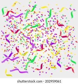 Abstract holiday vector background with ribbons and confetti.