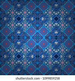 Abstract holiday wrapping paper in blue, purple and violet. Fabric spring ornament with tiles. Pin up style. Seamless rhombus pattern. Vector tiled background. Traditional design of 50s.