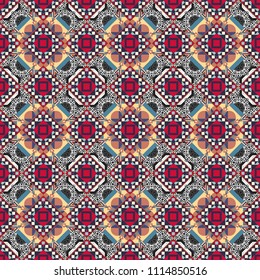 Abstract holiday wrapping paper in blue, red and gray. Seamless rhombus pattern. Traditional design of 50s. Pin up style. Fabric spring ornament with tiles. Vector tiled background.