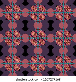 Abstract holiday wrapping paper in brown, magenta and yellow. Fabric spring ornament with tiles. Traditional design of 50s. Tiled background. Pin up style. Seamless rhombus pattern.