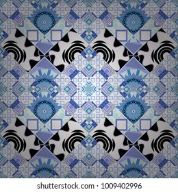 Abstract holiday wrapping paper in gray, white and blue. Fabric spring ornament with tiles. Vector tiled background. Traditional design of 50s. Seamless rhombus pattern. Pin up style.