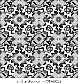 Abstract holiday wrapping paper in gray, black and white. Fabric spring ornament with tiles. Pin up style. Seamless rhombus pattern. Traditional design of 50s. Vector tiled background.