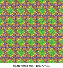 Abstract holiday wrapping paper in green, blue and orange. Vector tiled background. Pin up style. Fabric spring ornament with tiles. Traditional design of 50s. Seamless rhombus pattern.