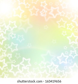 Abstract holidays background with white blured stars and light soft colors. Vector illustration.