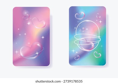 Abstract holographic background with 3D crystal hearts and sparkling stars.