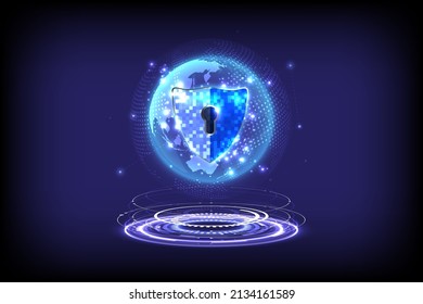 Abstract holographic background. Futuristic glowing HUD of hologram padlock with keyhole-shield icon in personal data security. Cyber safety data or information privacy