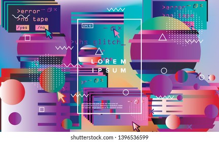 Abstract holographic background with glitched geometric elements, neon vibrant shapes. Synthwave/ retrowave/ vaporwave neon aesthetics.