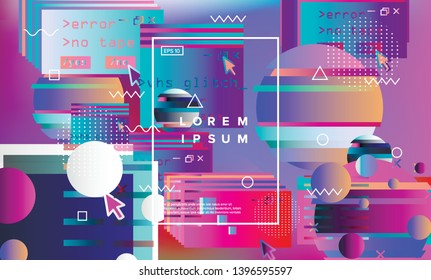 Abstract holographic background with glitched geometric elements, neon vibrant shapes. Synthwave/ retrowave/ vaporwave neon aesthetics.