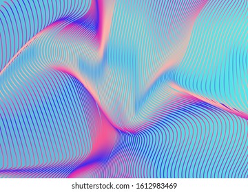 Abstract holographic background with glitched wavy surface of lines. Retrofuturistic vaporwave and synthwave style aesthetics.