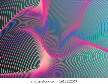 Abstract holographic background with glitched wavy surface of lines. Retrofuturistic vaporwave and synthwave style aesthetics.