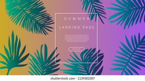 Abstract holographic background for landing page with palm leaves. Vaporwave/ synthwave style, 80s-90s aesthetic.