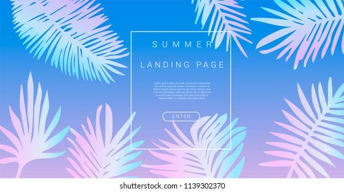 Abstract holographic background for landing page with palm leaves in pastel colors. Vaporwave neon style.