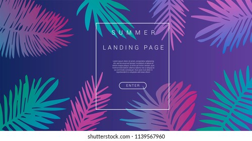 Abstract holographic background for landing page with palm leaves in pastel, ultraviolet bold colors. Vaporwave/ synthwave style, 80s-90s aesthetic.