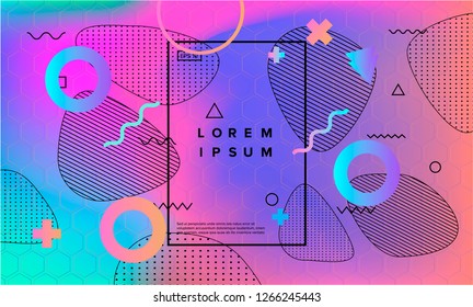 Abstract holographic background with memphis geometric elements pattern. Vaporwave/ synthwave/ retrowave style.
