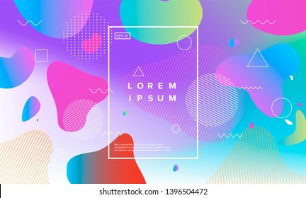 Abstract holographic background with memphis geometric elements, liquid fluid shapes. Synthwave/ retrowave/ vaporwave neon aesthetics.