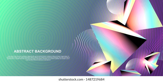 Abstract holographic background with neo memphis triangle geometric elements. Synthwave, retrowave, and vaporwave neon aesthetics.
