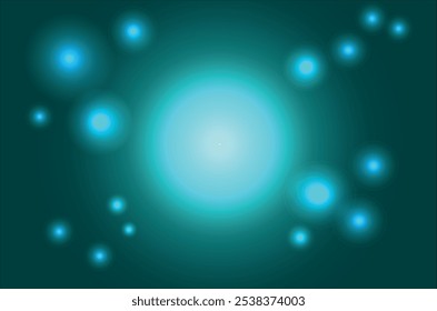 Abstract Holographic Gradient Background. Bright luminous circle in the center surrounded by smaller orbs on a dark background, creating a halo effect and abstract energy field.