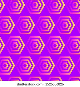 Abstract holographic hexagon seamless pattern. Purple, yellow, pink gradient background. Vector design for textile, posters, cards, wrapping paper, etc.