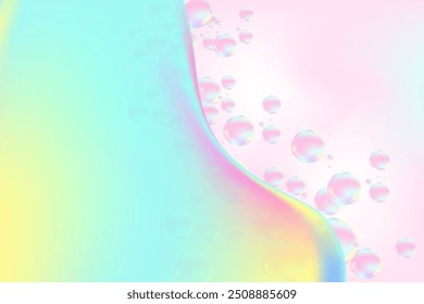 Abstract holographic liquid texture background with copy space. Fluid glowing bubbles beauty wallpaper, smooth gradient backdrop. Beauty presentation, promotion banner, poster