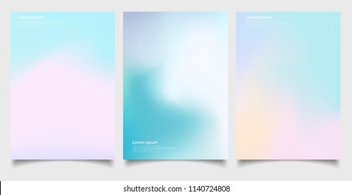 Abstract holographic poster set with gradient mesh retro style. Iridescent graphic template for brochure, banner, wallpaper, mobile screen, annual report. Vector illustration