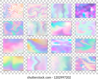 Abstract holographic premium backgrounds set.  Shiny foil wavy texture. Modern blurry color design. Vector gradient illustrations. Holographic card templates with a shadow on a transparent background.