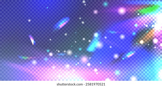 Abstract Holographic reflection with sparkling particles. Glowing light lens prism effect on transparent background. Blurred rainbow refraction overlay effect. Vector  illustration