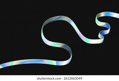 Abstract holographic ribbon isolated on black background. Silver wavy tape with rainbow color effect, Hologram gradient line design element , vector realistic