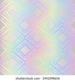 Abstract holographic seamless pattern. Repeated hologram effect metal foil. Rainbow holo background. Repeating iridescent spectrum texture. Modern stylish patterns. Neon color. Design prints. Vector 