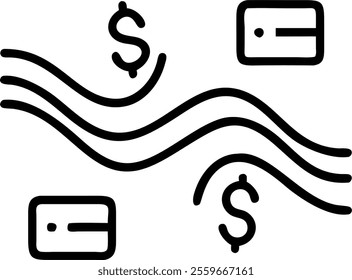 Abstract holographic waves with payment symbols concept as A dynamic shot of abstract holographic waves flowing across the frame with embedded payment symbols like credit cards and coins. The vibrant