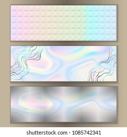 Abstract holographic web banner set with geometric elements. Techno patterns for posters, labels, sales and birthday invate with text place.