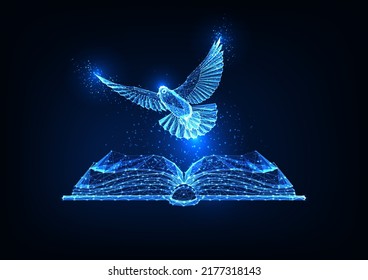 Abstract Holy Bible concept with open book and flying dove. Christianity, religion, faith banner. 