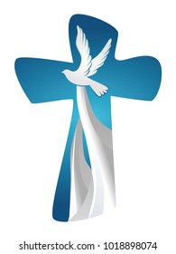 Abstract Holy Spirit symbol with dove on blue background. Christian cross