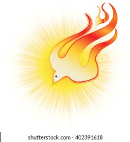 Abstract Holy Spirit symbol - a white dove on flames, with halo of light rays 