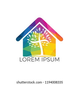 Abstract home and tree religious cross symbol icon vector design. Church and Christian organization logo.
