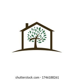 Abstract home and tree religious cross symbol icon vector design.	