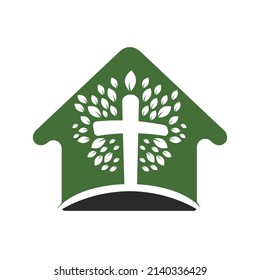 Abstract home and tree religious cross symbol icon vector design. Prayer tree and home vector logo design template.
