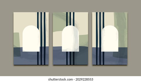 Abstract Home Window Door Shape Watercolor Painting Background contemporary mid century modern landscape boho poster flyer template. Vector Aesthetic brush texture decoration Minimalist Hand Drawn