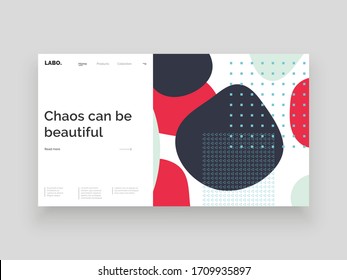 Abstract homepage design. Colorful fluid spots and geometric shapes. Decorative backdrop. Minimal texture, decor elements and shapes. Eps10 vector illustration.