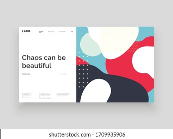 Abstract homepage design. Colorful fluid spots and geometric shapes. Decorative backdrop. Minimal texture, decor elements and shapes. Eps10 vector illustration.
